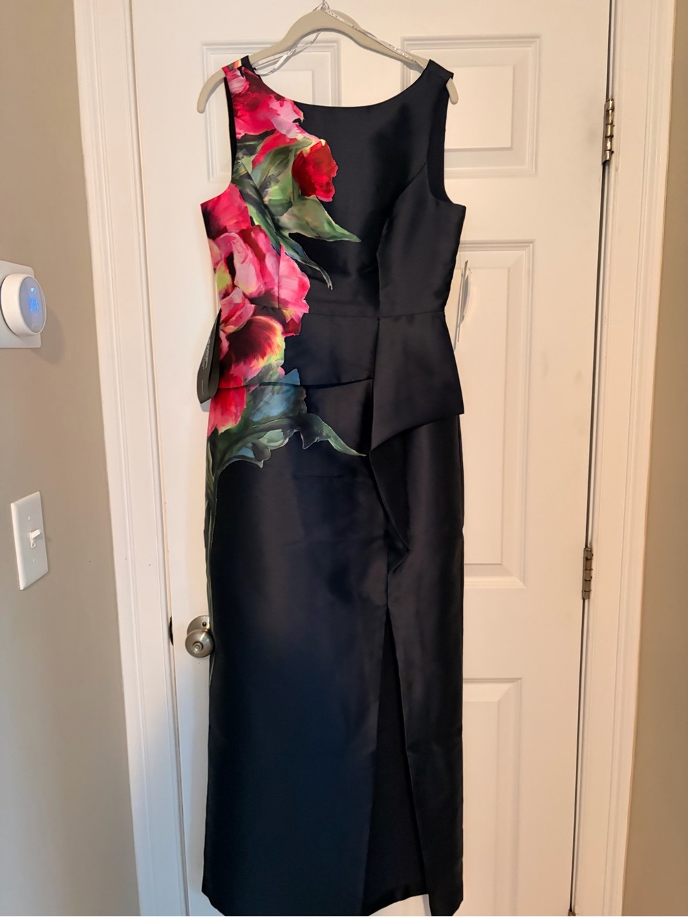 Kay Unger Navy Sheath Dress with Pink & Green Floral Accent